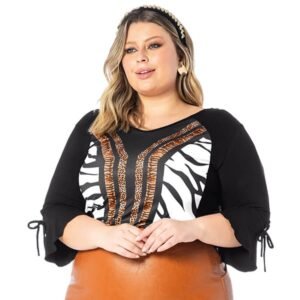 Blusa Feminina Plus Size Manga Longa Estampada Visconfort