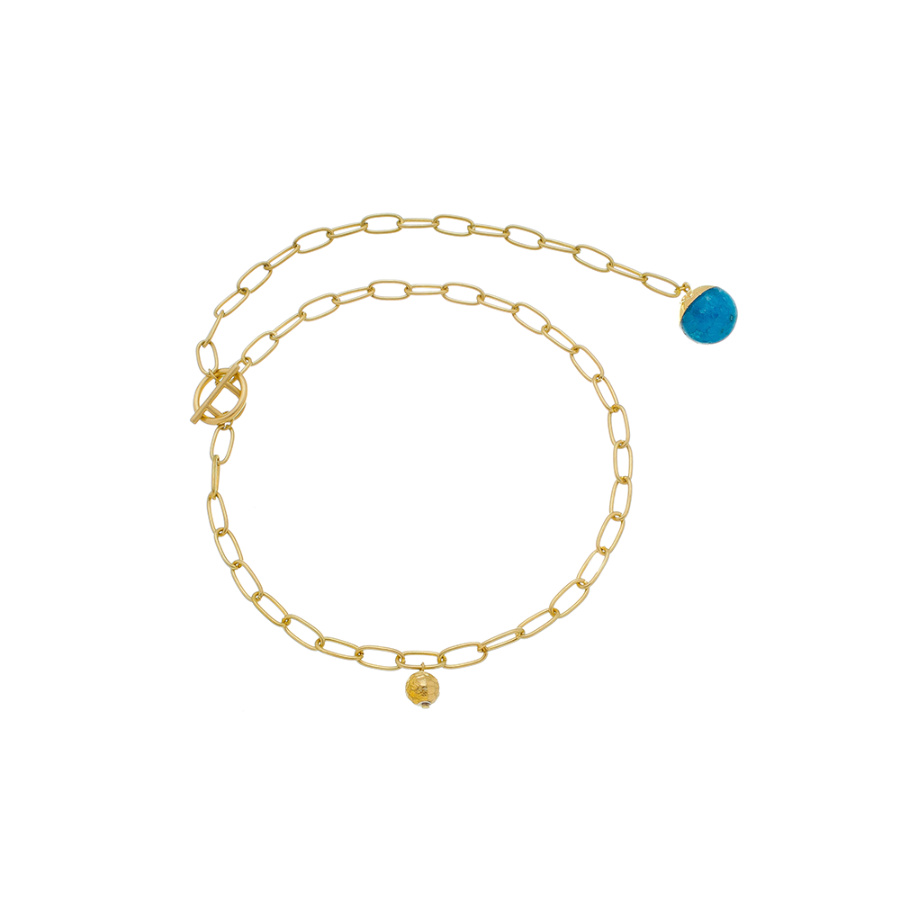 Colar Corrente Gravata Dourado Pedra Turquesa Redonda.