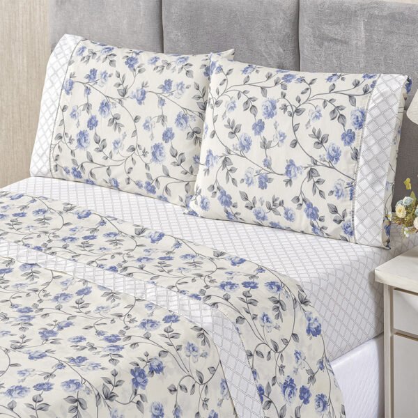 Jogo De Cama Ponto Palito Estampado Casal King 4 Peças Tecido Misto Percal 180 Fios Requinte - Floral Azul