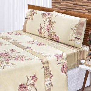 Jogo De Cama Ponto Palito Estampado Casal Padrão 4 Peças Tecido Misto Percal 180 Fios Requinte - Floral Palha