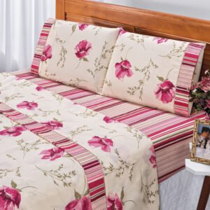 Jogo De Cama Ponto Palito Estampado Casal Padrão 4 Peças Tecido Misto Percal 180 Fios Requinte - Floral Rosê