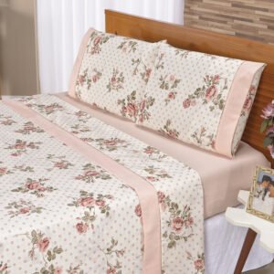 Jogo De Cama Ponto Palito Estampado Casal Queen 4 Peças Tecido Misto Percal 180 Fios Requinte - Floral Salmão