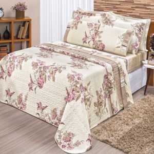 Kit Cobre Leito Matelado Estampado Casal King 3 Peças Tecido Misto Percal 180 Fios Requinte - Floral Palha