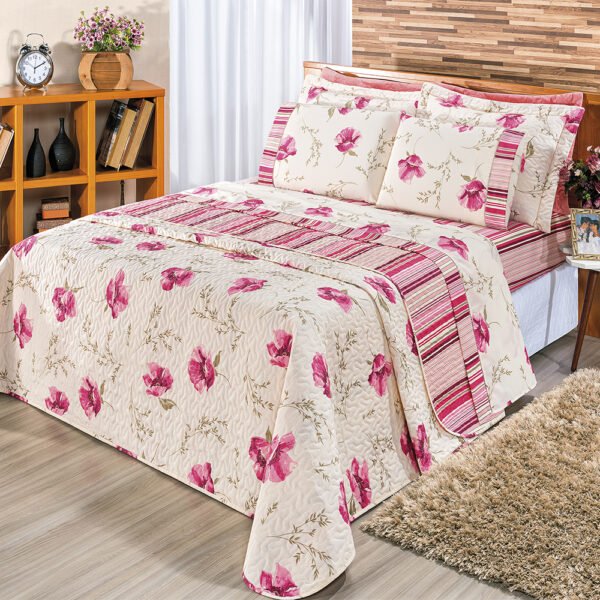 Kit Cobre Leito Matelado Estampado Casal King 3 Peças Tecido Misto Percal 180 Fios Requinte - Floral Rosê