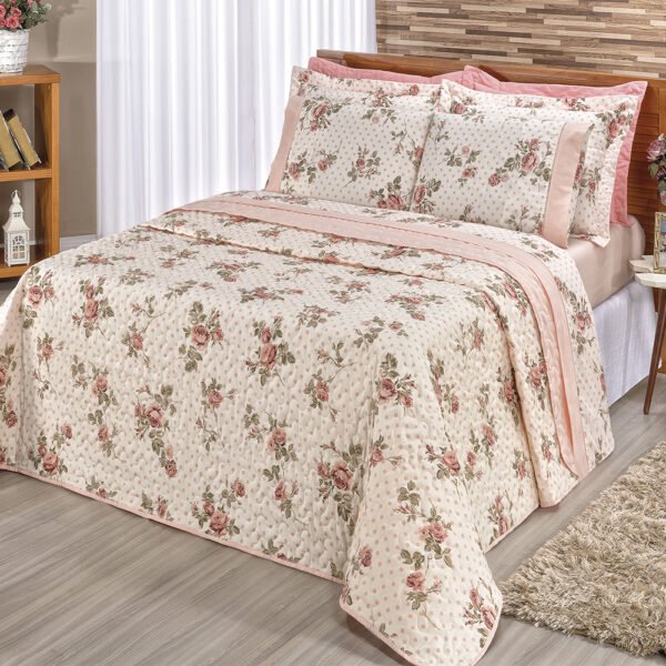 Kit Cobre Leito Matelado Estampado Casal King 3 Peças Tecido Misto Percal 180 Fios Requinte - Floral Salmão