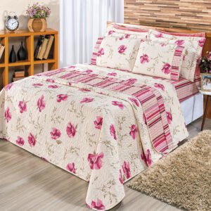 Kit Cobre Leito Matelado Estampado Casal Padrão 3 Peças Tecido Misto Percal 180 Fios Requinte - Floral Rosê