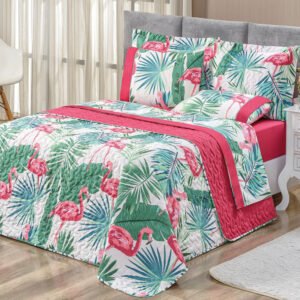 Kit Cobre Leito Matelado Estampado Casal Queen 3 Peças Micropercal 200 Fios Naturale - Flamingo