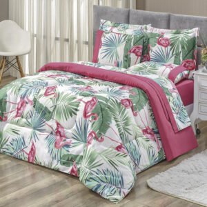 Kit Edredom Dupla Face Estampado Casal Padrão 03 Peças Micropercal 200 Fios Naturale - Flamingo