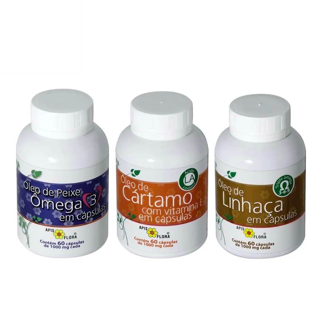 Vitaminas Kit Saúde - Ômega 3, Óleo de Cártamo e Óleo de Linhaça em Cápsulas Apis Flora