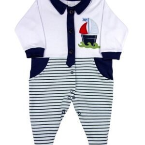 Macacão Bebê Suedine Listrado Barquinho - Azul M