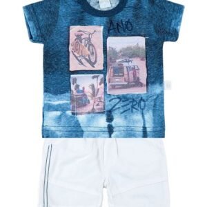Conjunto Bebê Malha Reciclato Estampada Manchada Kombi - Marinho P