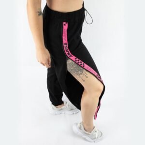 Calça Feminina Ziper Over Sarja Sauce Anjuss Preto/Rosa Neon P