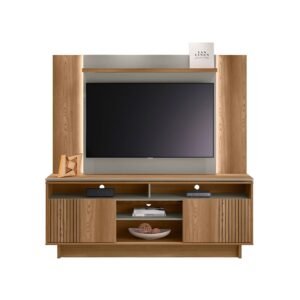 Conjunto Rack Bancada Salinas e Painel Aurora 60" Com LED Amendoa/Titanio Linea Brasil