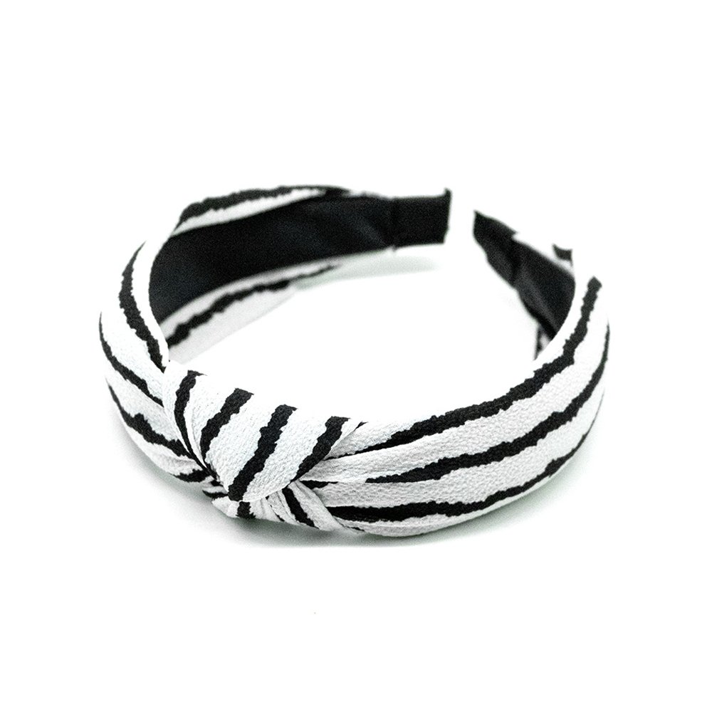 Tiara De Tecido Branco Com Listras Pretas E Nó Central
