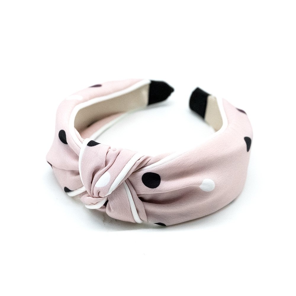 Tiara De Tecido Rosa Claro Com Poá E Nó Central