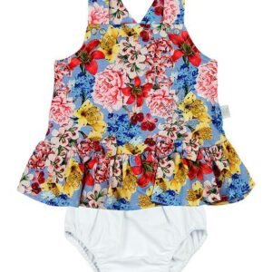 Conjunto Bebê Vestido Alça Estampa Digital Floral Lacinhos - Azul M