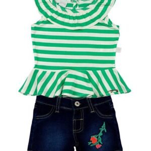 Conjunto Malha Listrada Capri e Índigo Júlia Bordados Flores - Verde 1