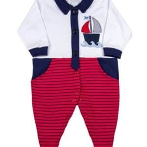 Macacão Bebê Suedine Listrado Barquinho - Vermelho P