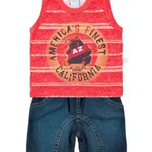 Conjunto Bebê Malha Estampada e Índigo Urso Americas - Vermelho P